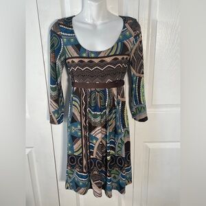 Sunny Leigh Brown Blue Paisley 3/4 Sleeve Belted Dress
